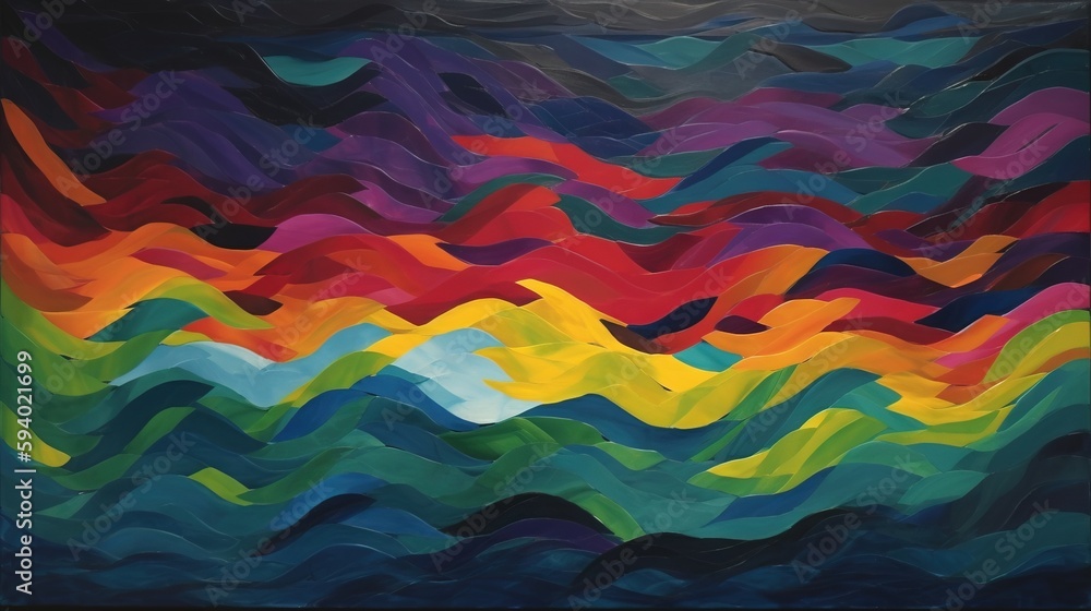 Poster a painting of a multicolored mountain range with a black background and a black frame around it that