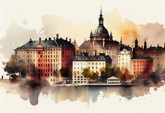 The Stockholm Old Town in Sweden, with its historic buildings and waterfront depicted in a watercolor medium - popular tourist cities, tourism, watercolor style Generative AI