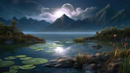 3D Ultra - realistic fantasy, beautiful magic lake, with water lilies, reeds, stone island in the water, full moon, moonlight illuminates the lake, mountains in the background, beautiful landscape