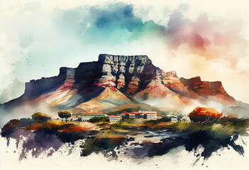 Obraz premium The Table Mountain in Cape Town, South Africa, with its distinctive flat-topped peak and watercolor landscapes - popular tourist cities, tourism, watercolor style Generative AI