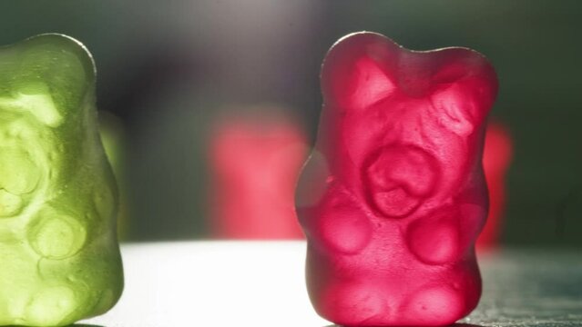 Jelly marmalade bear close up, Confiture Bean candy jujube Marmalade bears with cod cannabis close up. 