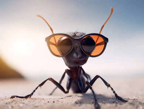 An ant wearing sunglasses in the beach sand. AI generated illustration.
