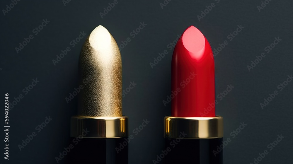 Poster a red lipstick with a gold cap next to a red lipstick with a gold cap on a black background with a r