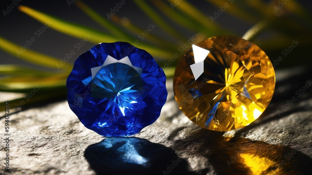 Poster two different colored diamonds sitting next to each other on a rock with a plant in the backgrouf of