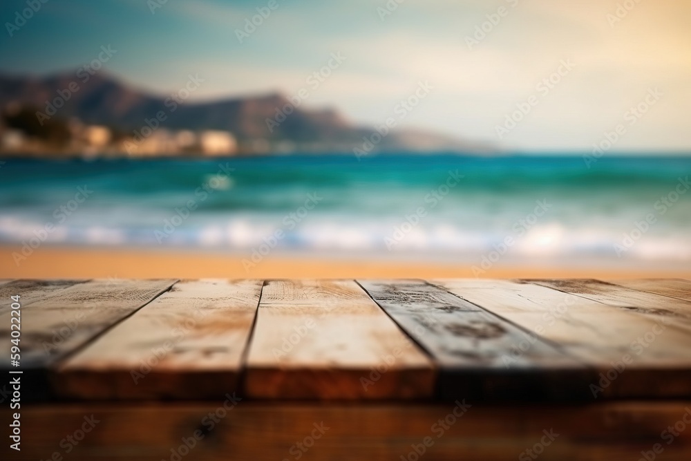 Poster a wooden table top with a blurry beach in the background of the picture in the background of the oce