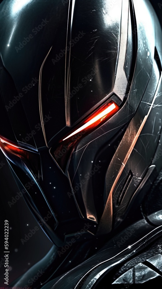 Poster a close up of a person wearing a helmet with red lights on their face and a black background with a 