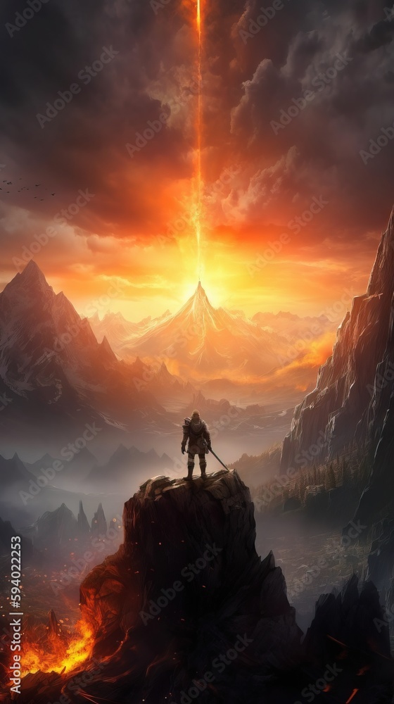 Poster a man standing on top of a mountain with a sword in his hand and a sunset in the background with a m