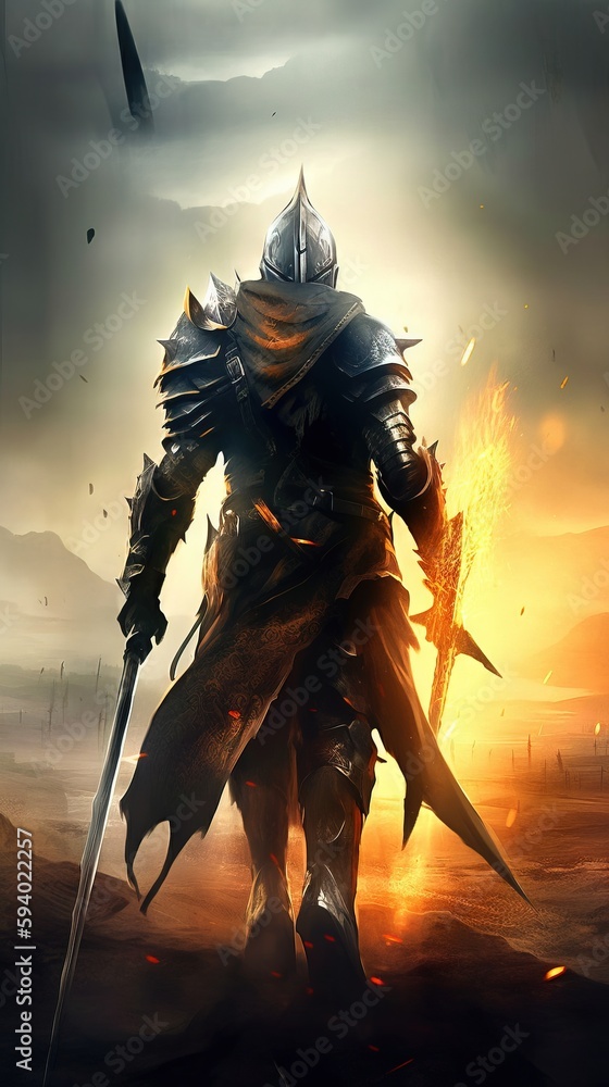Poster a man in armor holding a sword in a desert area with a sunset in the background and clouds in the sk