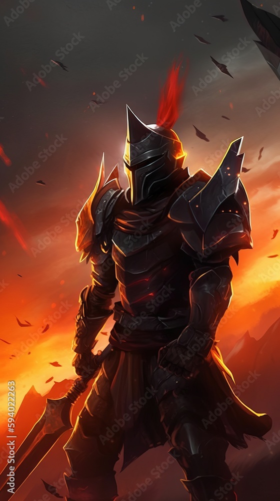 Poster a knight with a sword standing in front of an orange sky with a bird flying in the sky behind him an