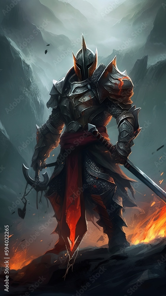 Poster a man in armor with a sword standing on a hill in the middle of a fire filled mountain range with a 