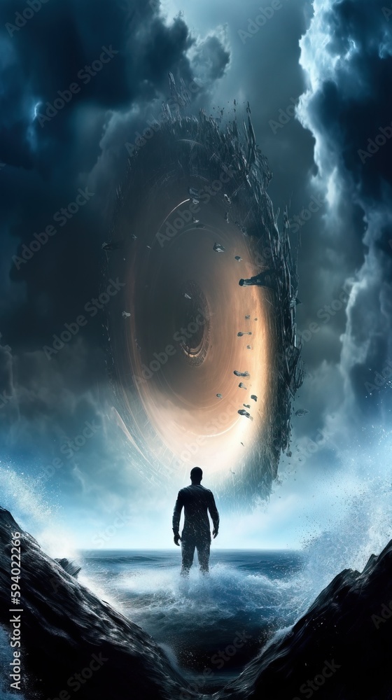 Aufkleber a man standing in the middle of a body of water with a giant black object in the sky above him and a