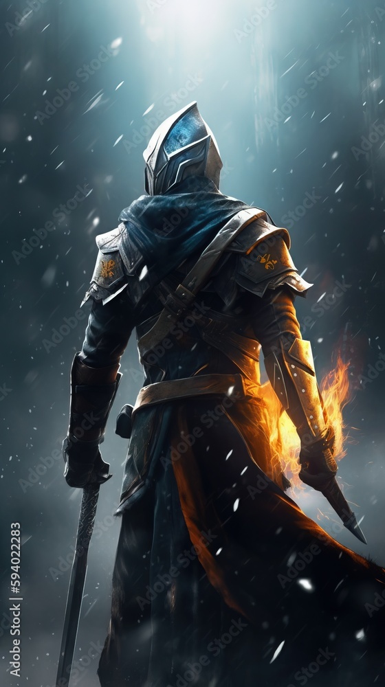 Poster a man with a sword in a snowy scene in the dark knight concept art by alex mclayne for the game of t