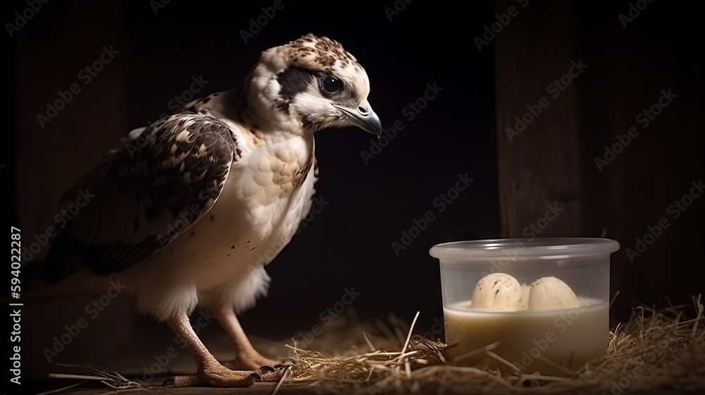 Poster a bird standing next to a candle in a room with straw on the floor and a glass of milk in front of i