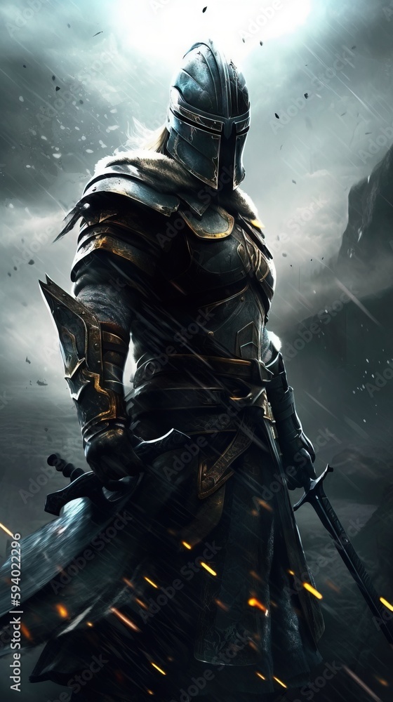 Poster a man in armor standing in the rain with a sword in his hand and wearing a helmet and armor with a s