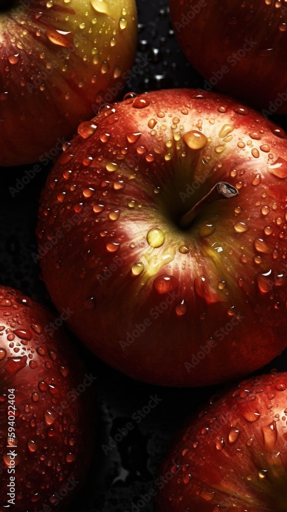 Poster a close up of a bunch of apples with water droplets on them and a black surface with a few apples in