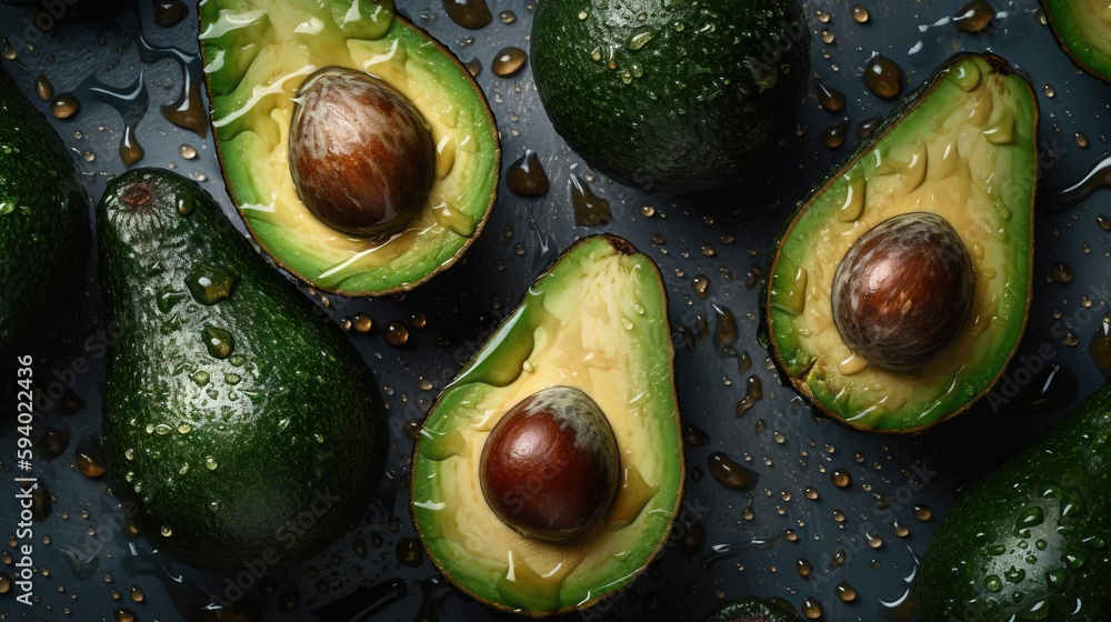 Poster avocados with water drops on them on a table top with a black surface and a few more avocados on the