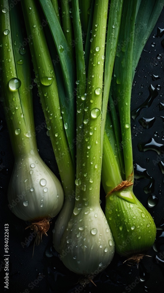Poster a group of onions and onions with water droplets on them on a black surface with a brown string tied