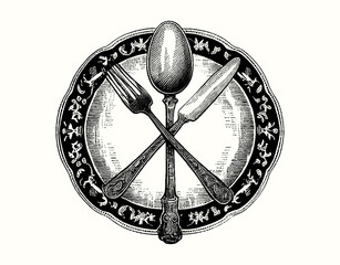 A plate with cutlery drawn in pencil on an isolated background. Antiques. Fork, spoon, plate, knife. Engraved drawing. Black and white style. Ideal for postcard, book, poster, banner, menu. Vector