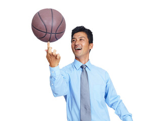 Happy business man spinning basketball on fingers for sports while isolated on a transparent png...