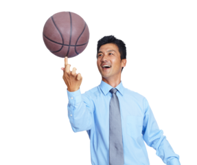 Happy business man spinning basketball on fingers for sports while isolated on a transparent png background. Asian male, manager and ball skill for coaching, training and energy of corporate talent