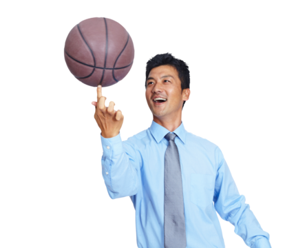 Happy business man spinning basketball on fingers for sports while isolated on a transparent png background. Asian male, manager and ball skill for coaching, training and energy of corporate talent