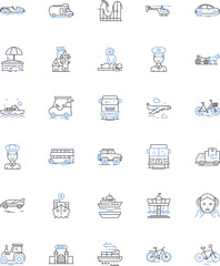 Fototapeta premium Journey line icons collection. Expedition, Odyssey, Pilgrimage, Trek, Excursion, Adventure, Roam vector and linear illustration. Migration,Quest,Voyage outline signs set