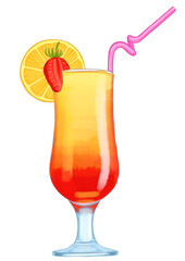 Tropical cocktail with strawberry and orange watercolor illustration