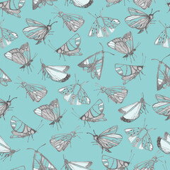 Seamless pattern with fantasy moths, butterflies in pencil drawing sketch. Happy summer illustration. Wallpaper, textile, backgound for kids