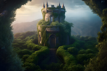 Awe-Inspiring Forest Citadel: A Perfect Blend of Natural Beauty and Architectural Grandeur, Generative AI