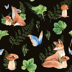 Seamless pattern with cute foxes, mushrooms, green plants and butterfly. Watercolor illustration.