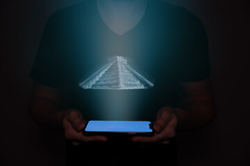 An Aztec pyramid is projected from a mobile phone held by a man. Futuristic technology with AI.