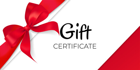Blank Gift Card or Certificate Template with Elegant Red Bow and Satin Ribbon Border. Realistic Design Element on White Background for Business, Sales, and Promotions. Perfect for Christmas, Birthdays