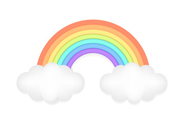 Abstract 3D Rainbow Arch with clouds Vector Illustration with Clay Effect. Cute Design Element for Decorative Concept. Use as Sign, Icon, or Graphic for Happy and Creative Designs. Isolated on white