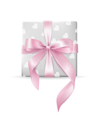 3D vector illustration of a  silver gift box with a bow on a white background for anniversaries, birthdays. The box are adorned with shiny pink ribbons and wrapped in paper with pattern with hearts