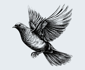 A dove is depicted in pencil on a white isolated background. Engraved drawing. Columba livia. Flight. Black and white style. Ideal for postcard, book, poster, banner. Doodle. Vector illustration