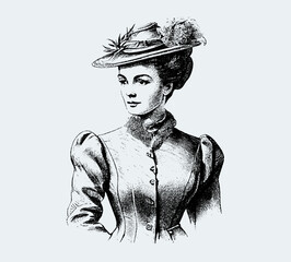 A noble lady in a hat is drawn in pencil on a white background. Engraved drawing. Beautiful woman. Black and white style. Fashion of the 1900s. Vintage. Vector illustration