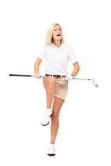 Fototapeta na wymiar Golf, angry and frustrated sports woman breaking her club in isolated on a transparent, png background. Anxiety, stress and anger of a female golfer or athlete player upset about competition fail