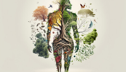 Human body shape made of world of green environment forest, tree, plants, animal wildlife, biome inside the body part, Earth day concept, protection and awareness planet, with Generative Ai.