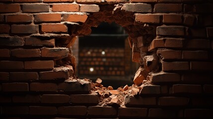 A brick wall with a hole in it realistic photo realistic. Al generated - obrazy, fototapety, plakaty