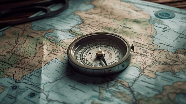 A macro shot of a hiking map with compass realistic. Al generated