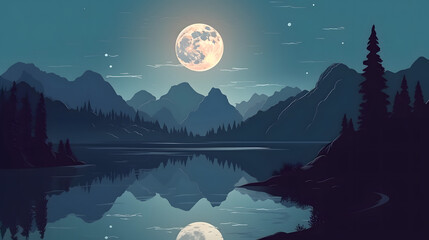 night landscape with mountains and moon, illustration wallpaper