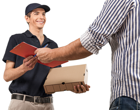Smiling Deliveryman Holding a Package while Passing a Clipboard to a Person