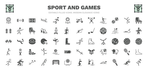 set of sport and games filled icons. sport and games glyph icons such as second prize, basketball court, golden medal, breakdance, soccer football ball, ice skating man, waterpolo, waiter falling,