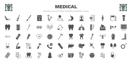 set of medical filled icons. medical glyph icons such as inhalator, scalpel, patient, notepad, plaster, teeth, otoscope, transfusion, iv vector.