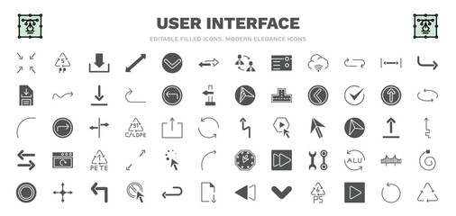 set of user interface filled icons. user interface glyph icons such as exit full screen arrows, big download arrow, double arrows, gap, round left button, left reverse curve, wait cursor, left turn,