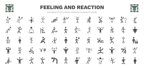 set of feeling and reaction filled icons. feeling and reaction glyph icons such as lovely human, chill human, pissed human, curious pumped impatient super amused full vector.