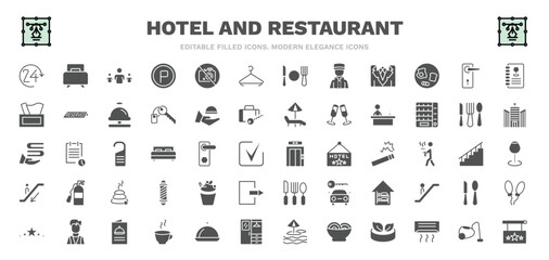Fototapeta na wymiar set of hotel and restaurant filled icons. hotel and restaurant glyph icons such as 24 service, people, hanger, doorknob, reception, elevator, frozen yogurt, menu, hotel vector.