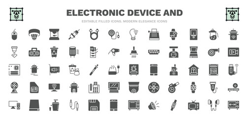 Fototapeta na wymiar set of electronic device and filled icons. electronic device and glyph icons such as mouse, espresso maker, magsafe, pertor, weighing, furnace, fax hine, cold-pressed juicer, rotisserie vector.