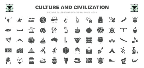 Fototapeta na wymiar set of culture and civilization filled icons. culture and civilization glyph icons such as skull of a bull, spring rolls, aw on a branch, chorizo, sweet and sour pork, australian koala, gecko top