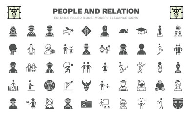 set of people and relation filled icons. people and relation glyph icons such as princes, technician, sujud, throat, hairy, bearded woman, road crossing, muslim man, baby diaper vector.